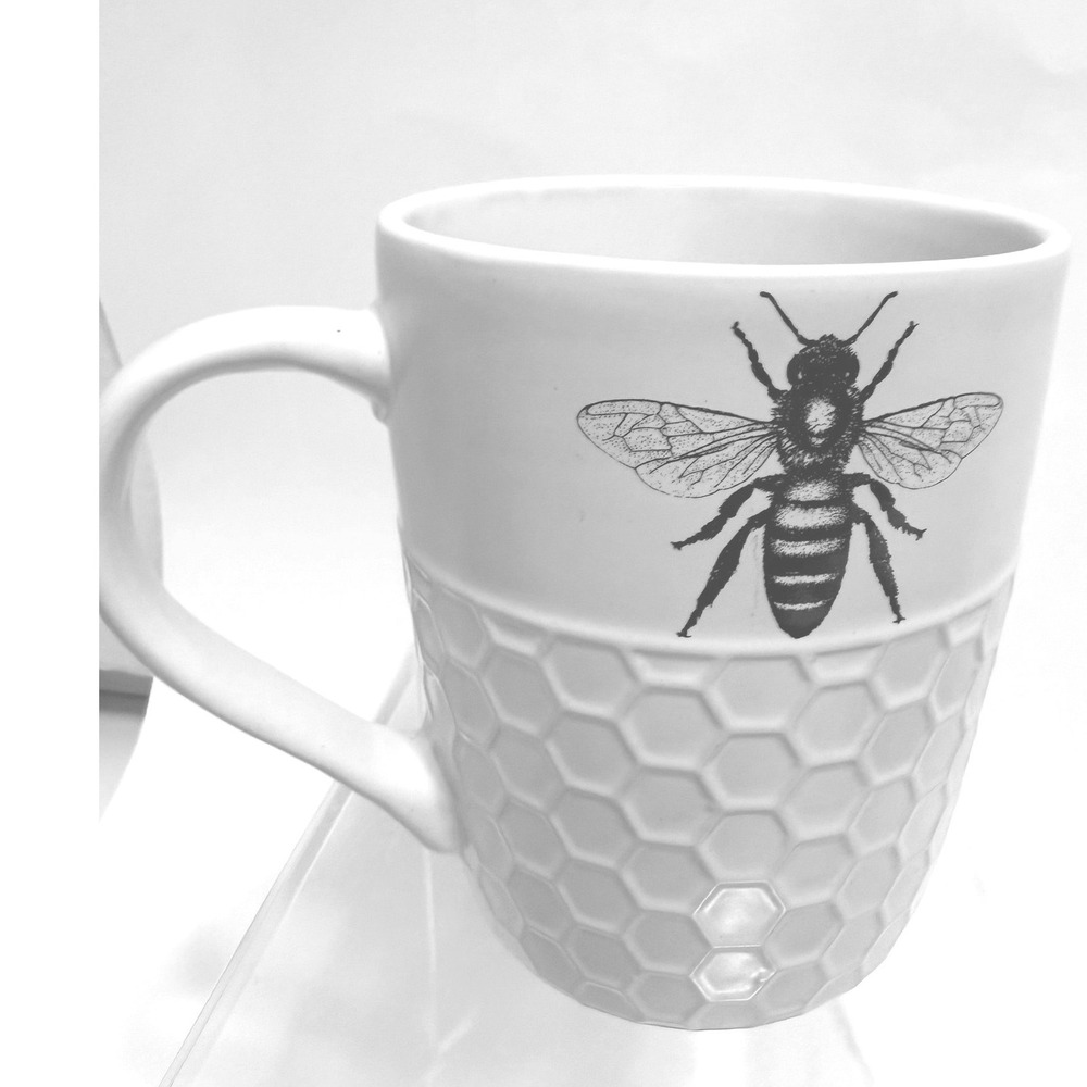 Bee Joyful White Ceramic Honeycomb Textured Bumblebee Coffee Mug Cup